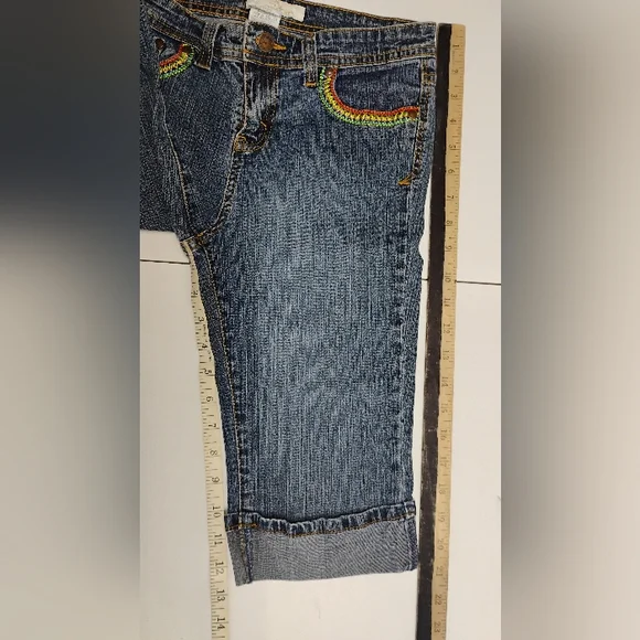 Vintage Girls Jordache Capris Sz 12 Denim Embroidery Knee Highs Stretch - Picture 8 of 12
